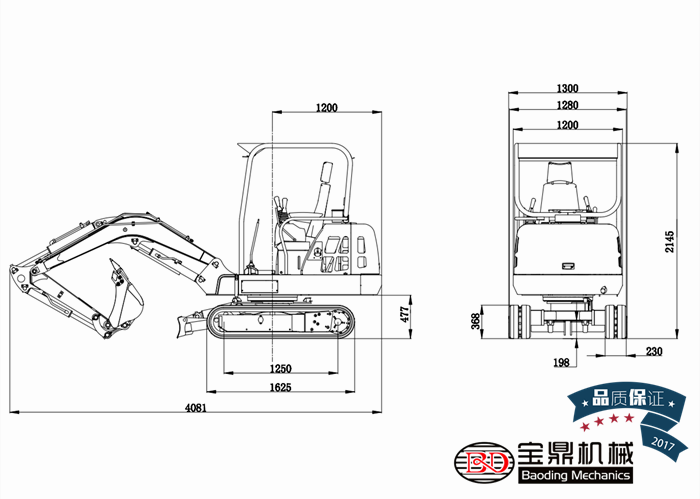 寶鼎23微型挖掘機(jī)車身尺寸